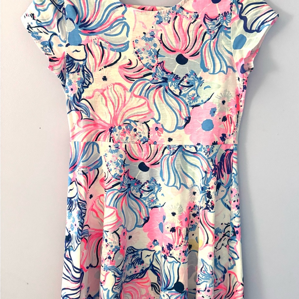 Lilly Pulitzer Pink and Blue Floral Dress Girls Large (8-10)